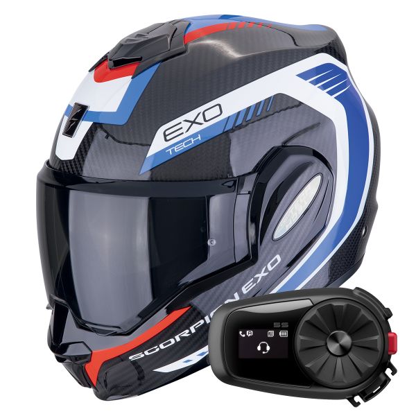 Casque Modulable Scorpion Exo Tech Evo Carbon Cosy Black Blue Red + Kit Bluetooth 5S Solo