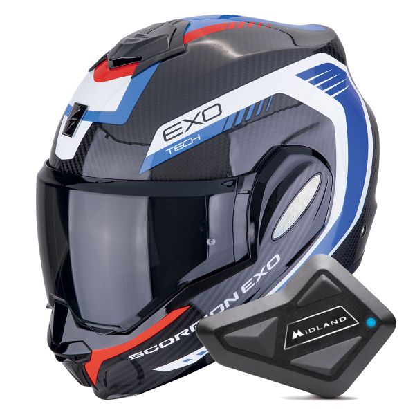 Casque Modulable Scorpion Exo Tech Evo Carbon Cosy Black Blue Red + Kit Bluetooth BT Mini