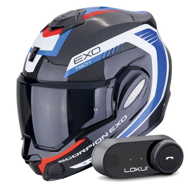 Casque Modulable Scorpion Exo Tech Evo Carbon Cosy Black Blue Red + Kit Bluetooth Lokui K30