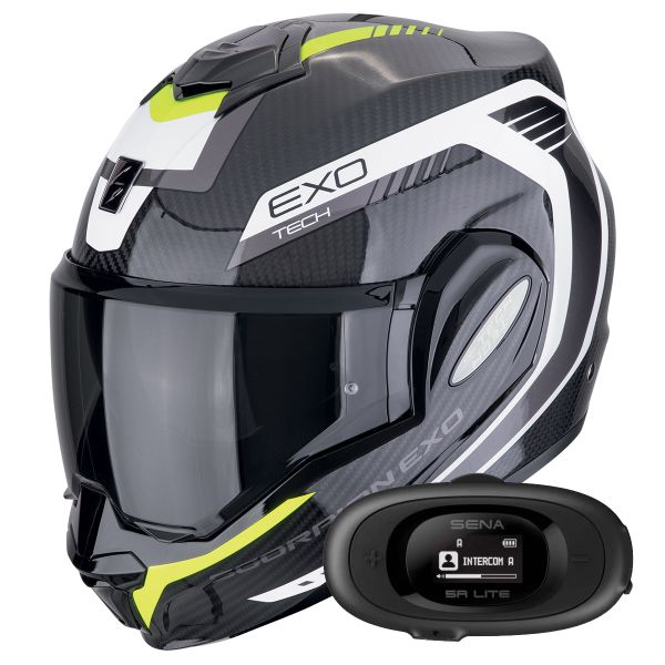 Casque Modulable Scorpion Exo Tech Evo Carbon Cosy Black Yellow Fluo + Kit bluetooth 5R Lite