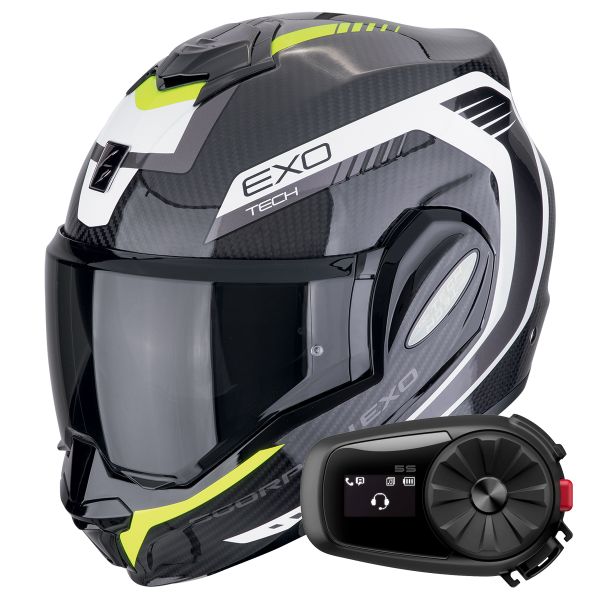 Casque Modulable Scorpion Exo Tech Evo Carbon Cosy Black Yellow Fluo + Kit Bluetooth 5S Solo