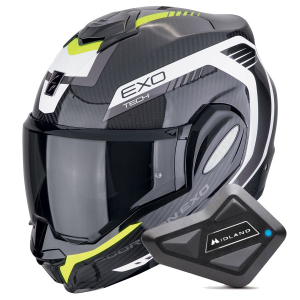 Casque Modulable Scorpion Exo Tech Evo Carbon Cosy Black Yellow Fluo + Kit Bluetooth BT Mini