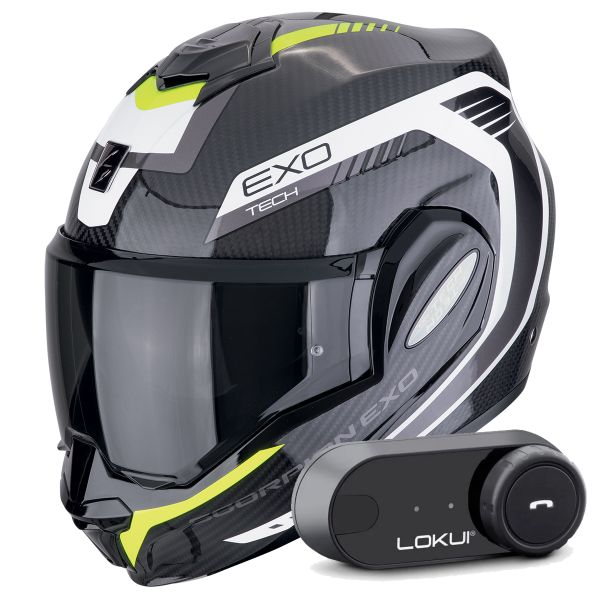 Casque Modulable Scorpion Exo Tech Evo Carbon Cosy Black Yellow Fluo + Kit Bluetooth Lokui K30