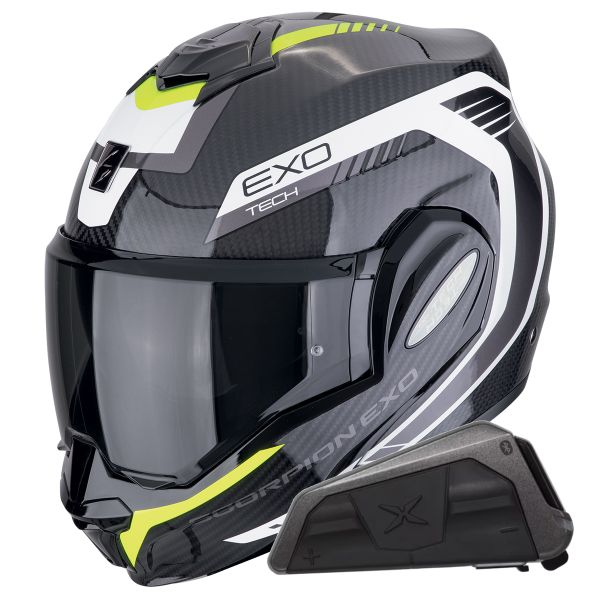 Casque Modulable Scorpion Exo Tech Evo Carbon Cosy Black Yellow + Kit bluetooth Exo-Com Link-1