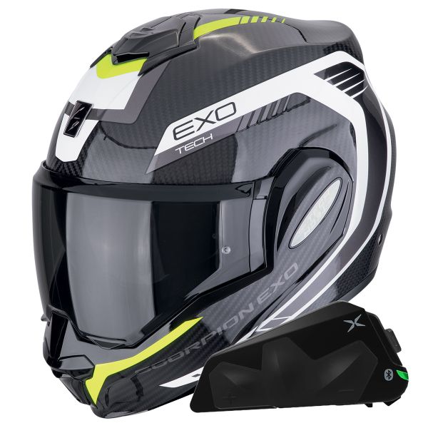 Casque Modulable Scorpion Exo Tech Evo Carbon Cosy Black Yellow + Kit bluetooth Exo-Com Link-1C