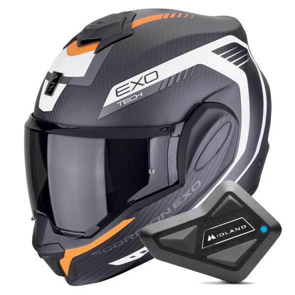 Casque Modulable Scorpion Exo Tech Evo Carbon Cosy Matt Black Orange + Kit Bluetooth BT Mini