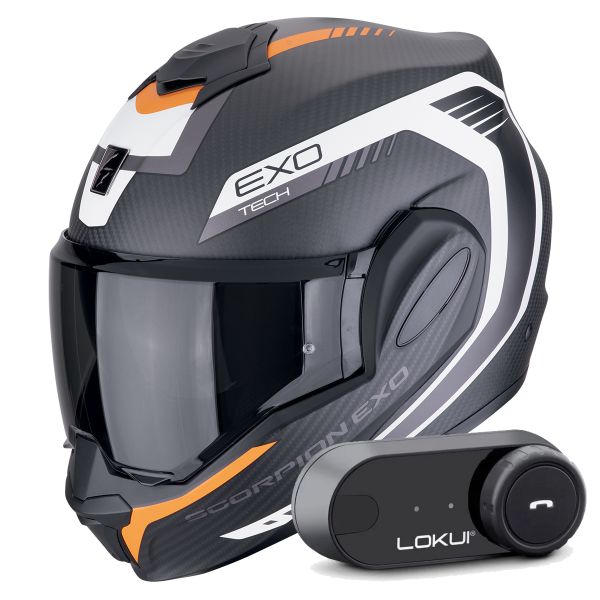 Casque Modulable Scorpion Exo Tech Evo Carbon Cosy Matt Black Orange + Kit Bluetooth Lokui K30