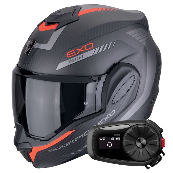 Casque Modulable Scorpion Exo Tech Evo Carbon Cosy Matt Black Red + Kit Bluetooth 5S Solo