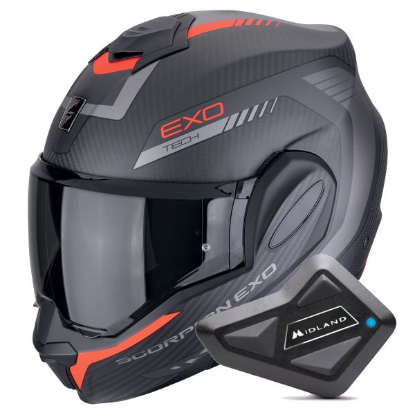 Casque Modulable Scorpion Exo Tech Evo Carbon Cosy Matt Black Red + Kit Bluetooth BT Mini