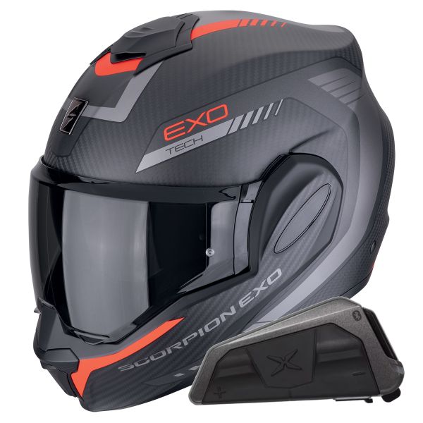 Casque Modulable Scorpion Exo Tech Evo Carbon Cosy Matt Black Red + Kit bluetooth Exo-Com Link-1