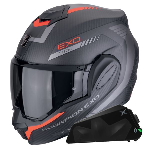 Casque Modulable Scorpion Exo Tech Evo Carbon Cosy Matt Black Red + Kit bluetooth Exo-Com Link-1C