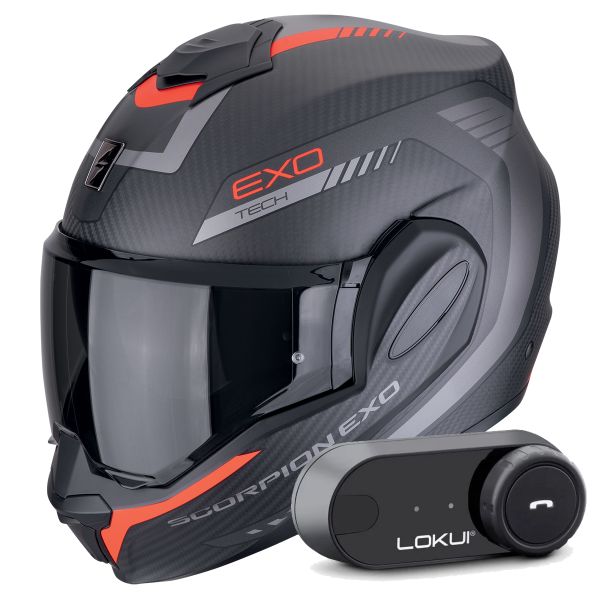 Casque Modulable Scorpion Exo Tech Evo Carbon Cosy Matt Black Red + Kit Bluetooth Lokui K30