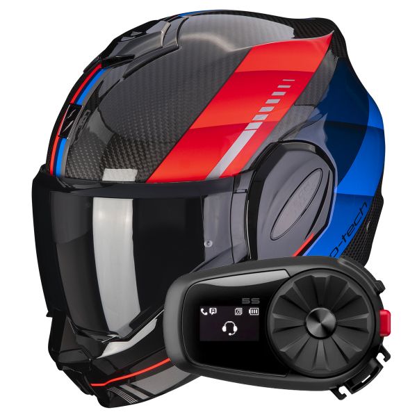 Casque Modulable Scorpion Exo Tech Evo Carbon Genus Black Blue Red + Kit Bluetooth 5S