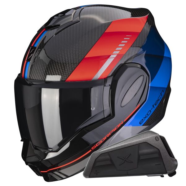 Casque Modulable Scorpion Exo Tech Evo Carbon Genus Black Blue Red + Kit bluetooth Exo-Com Link-1