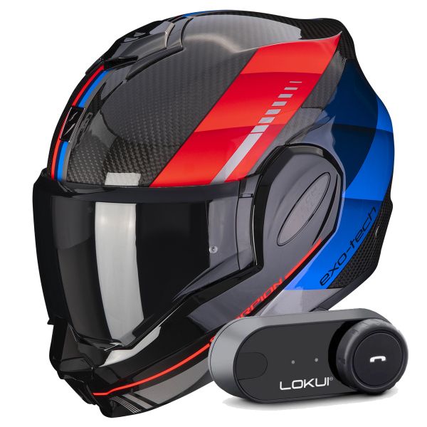 Casque Modulable Scorpion Exo Tech Evo Carbon Genus Black Blue Red + Kit Bluetooth Lokui K30
