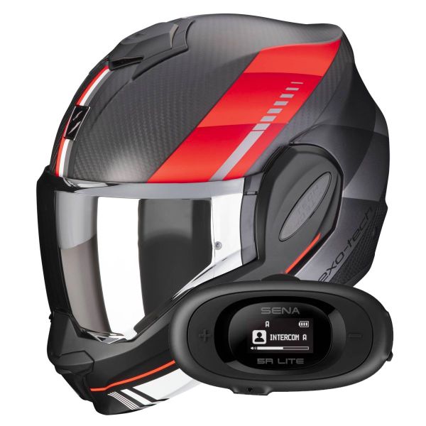 Casque Modulable Scorpion Exo Tech Evo Carbon Genus Matt Black Red + Kit bluetooth 5R Lite
