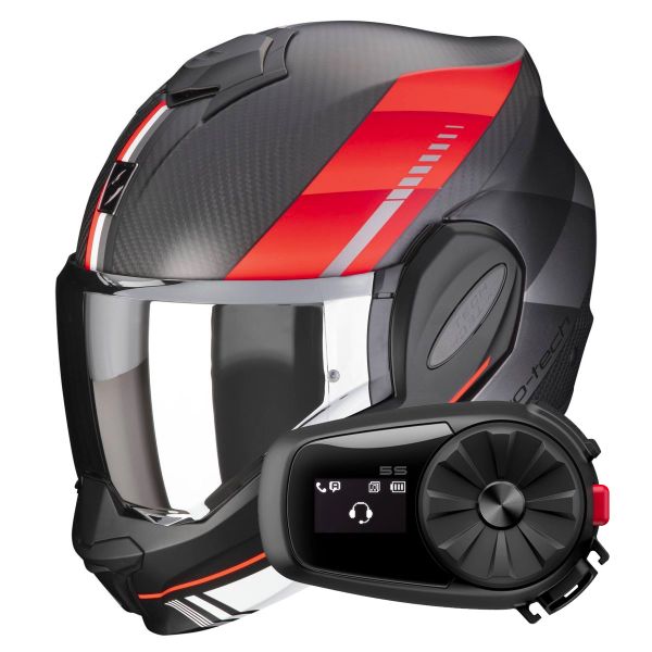 Casque Modulable Scorpion Exo Tech Evo Carbon Genus Matt Black Red + Kit Bluetooth 5S