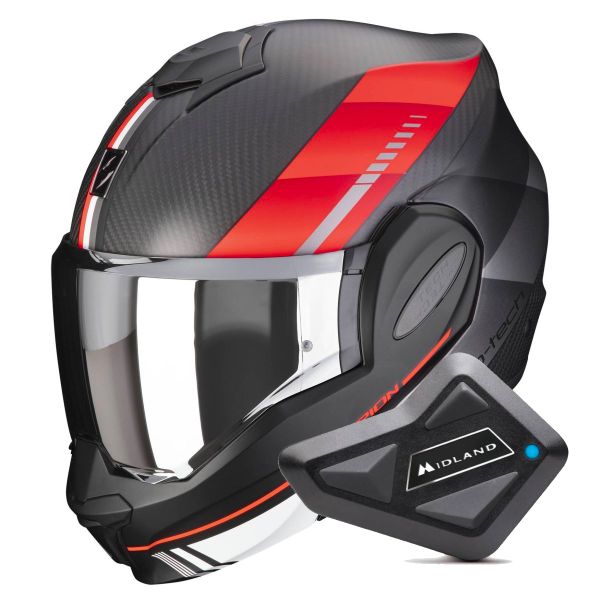 Casque Modulable Scorpion Exo Tech Evo Carbon Genus Matt Black Red + Kit Bluetooth BT Mini