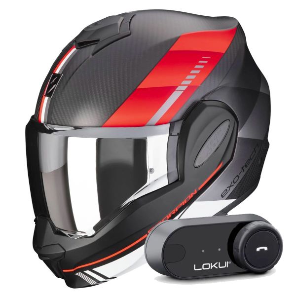 Casque Modulable Scorpion Exo Tech Evo Carbon Genus Matt Black Red + Kit Bluetooth Lokui K30