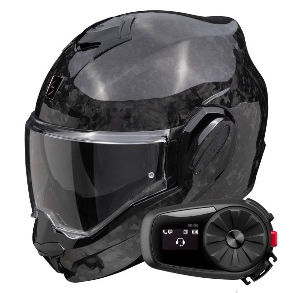 Casque Modulable Scorpion Exo Tech Evo Carbon Onyx Black + Kit Bluetooth 5S Solo