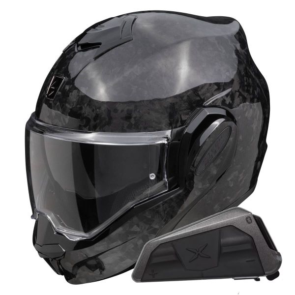 Casque Modulable Scorpion Exo Tech Evo Carbon Onyx Black + Kit bluetooth Exo-Com Link-1