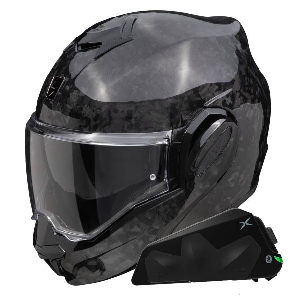 Casque Modulable Scorpion Exo Tech Evo Carbon Onyx Black + Kit bluetooth Exo-Com Link-1C