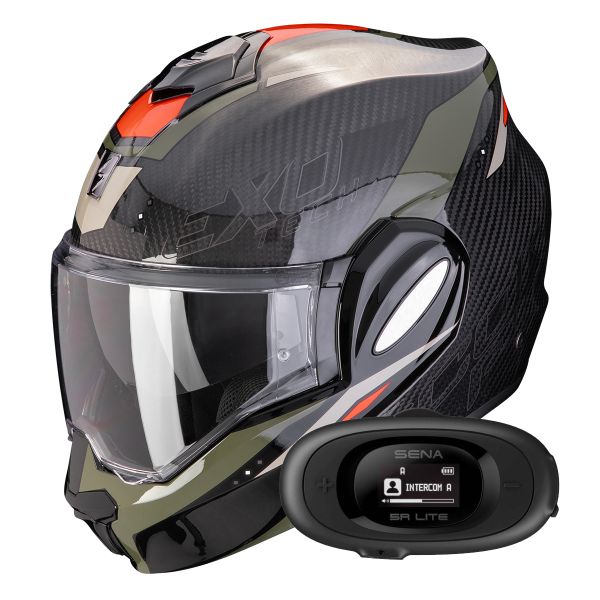 Casque Modulable Scorpion Exo Tech Evo Carbon Rover Black Green + Kit bluetooth 5R Lite Solo