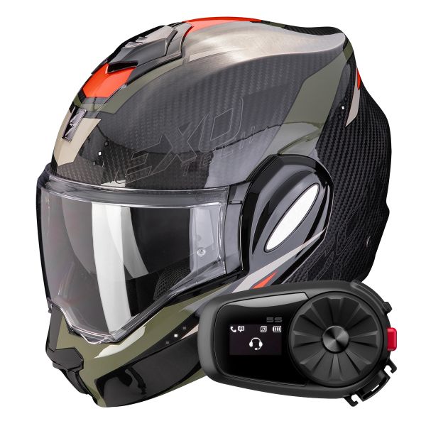 Casque Modulable Scorpion Exo Tech Evo Carbon Rover Black Green + Kit Bluetooth 5S Solo