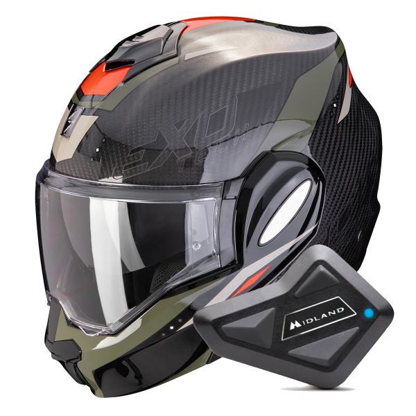Casque Modulable Scorpion Exo Tech Evo Carbon Rover Black Green + Kit Bluetooth BT Mini