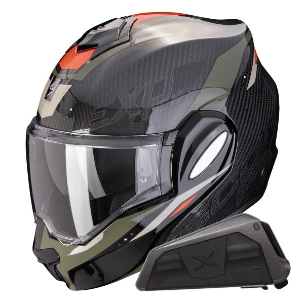 Casque Modulable Scorpion Exo Tech Evo Carbon Rover Black Green + Kit bluetooth Exo-Com Link-1