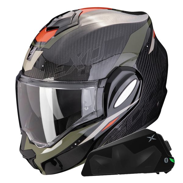 Casque Modulable Scorpion Exo Tech Evo Carbon Rover Black Green + Kit bluetooth Exo-Com Link-1C