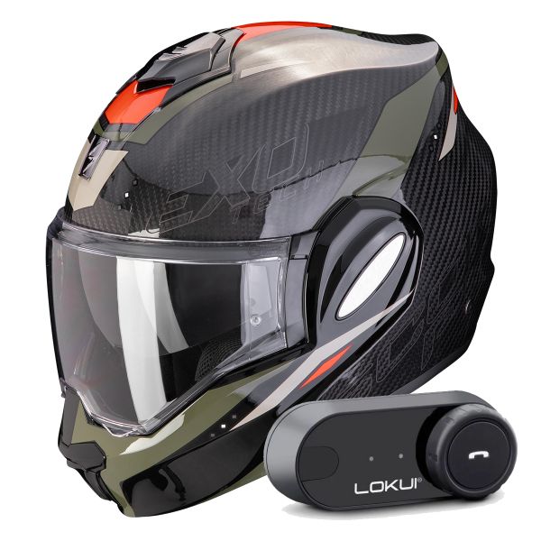 Casque Modulable Scorpion Exo Tech Evo Carbon Rover Black Green + Kit Bluetooth Lokui K30