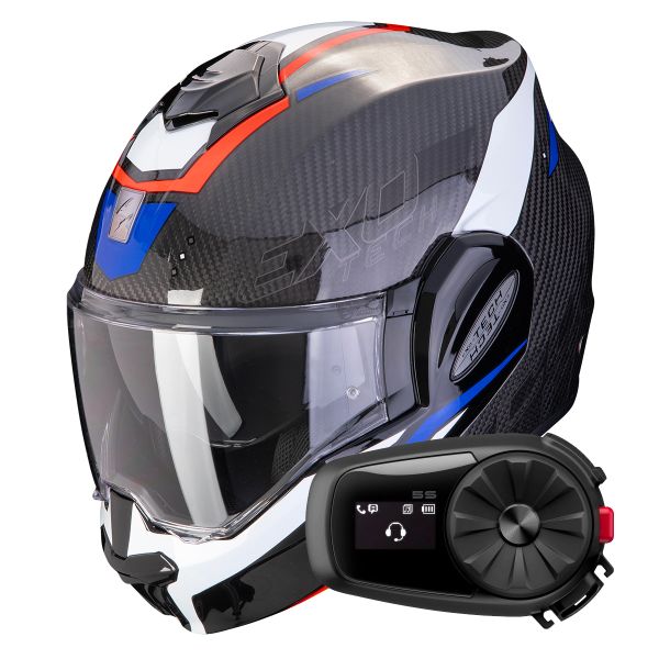 Casque Modulable Scorpion Exo Tech Evo Carbon Rover Black Red Blue + Kit Bluetooth 5S Solo