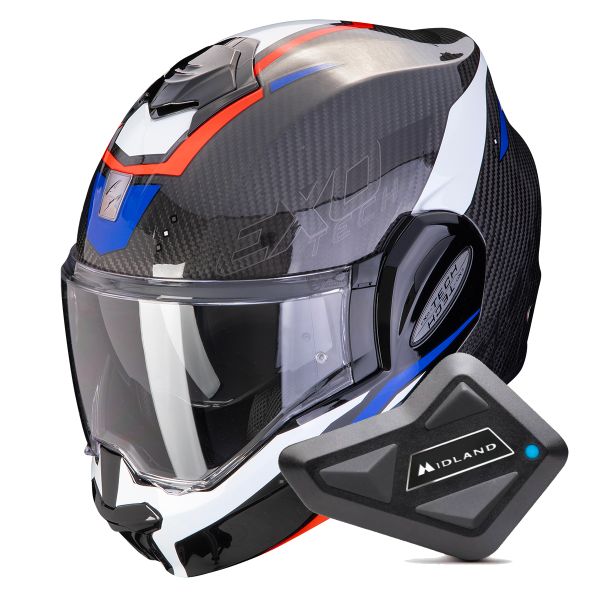 Casque Modulable Scorpion Exo Tech Evo Carbon Rover Black Red Blue + Kit Bluetooth BT Mini