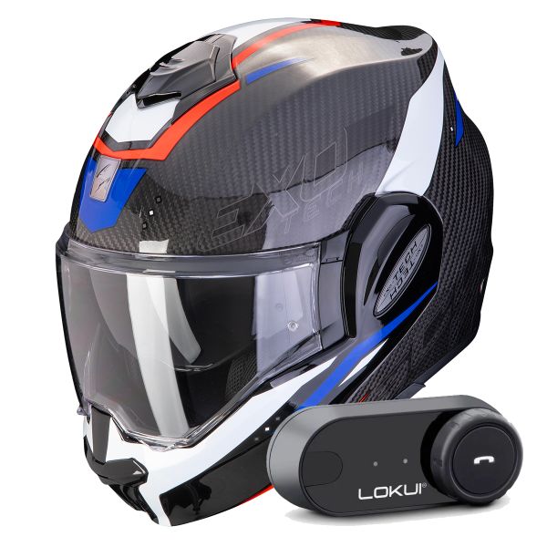 Casque Modulable Scorpion Exo Tech Evo Carbon Rover Black Red Blue + Kit Bluetooth Lokui K30