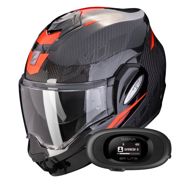 Casque Modulable Scorpion Exo Tech Evo Carbon Rover Black Red + Kit bluetooth 5R Lite Solo