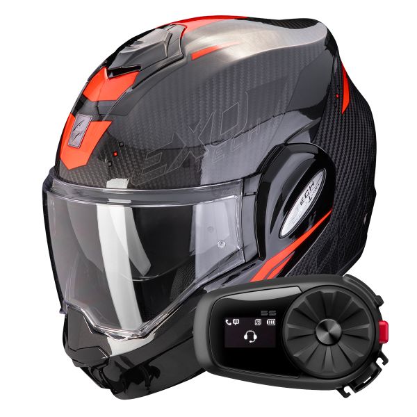 Casque Modulable Scorpion Exo Tech Evo Carbon Rover Black Red + Kit Bluetooth 5S Solo