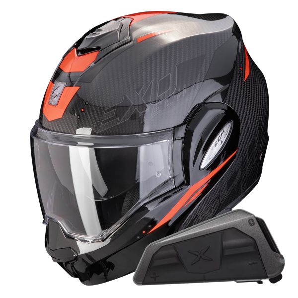 Casque Modulable Scorpion Exo Tech Evo Carbon Rover Black Red + Kit bluetooth Exo-Com Link-1