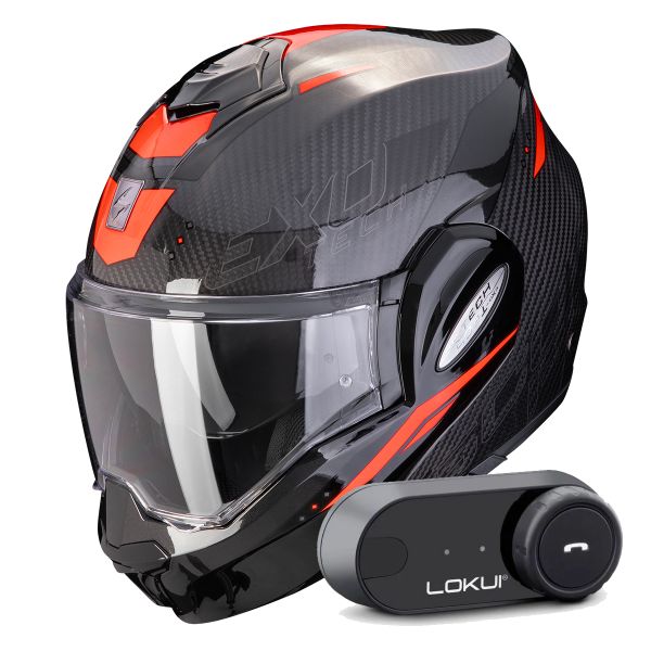 Casque Modulable Scorpion Exo Tech Evo Carbon Rover Black Red + Kit Bluetooth Lokui K30
