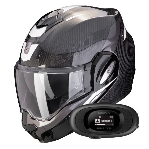 Casque Modulable Scorpion Exo Tech Evo Carbon Rover Black White + Kit bluetooth 5R Lite Solo