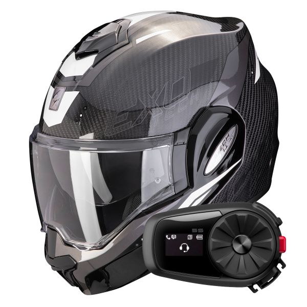 Casque Modulable Scorpion Exo Tech Evo Carbon Rover Black White + Kit Bluetooth 5S Solo