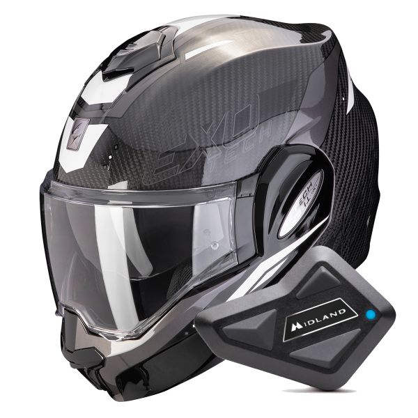 Casque Modulable Scorpion Exo Tech Evo Carbon Rover Black White + Kit Bluetooth BT Mini