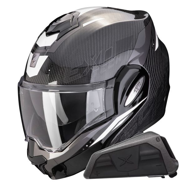Casque Modulable Scorpion Exo Tech Evo Carbon Rover Black White + Kit bluetooth Exo-Com Link-1