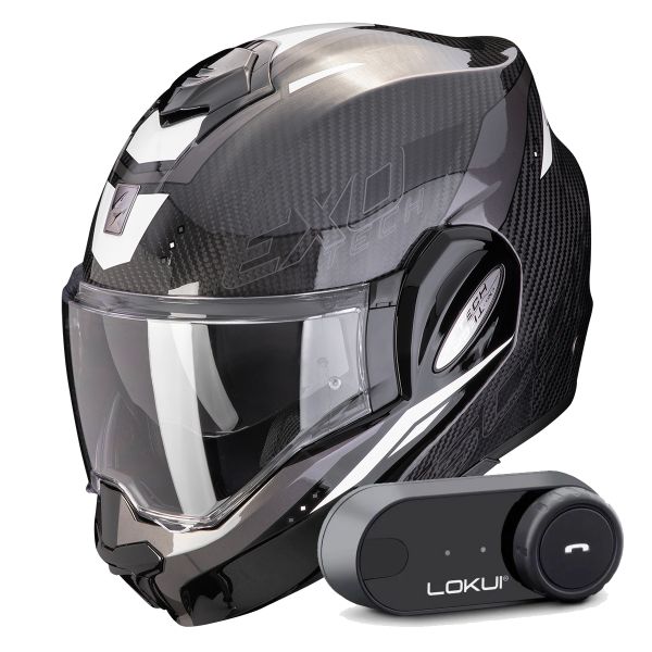 Casque Modulable Scorpion Exo Tech Evo Carbon Rover Black White + Kit Bluetooth Lokui K30