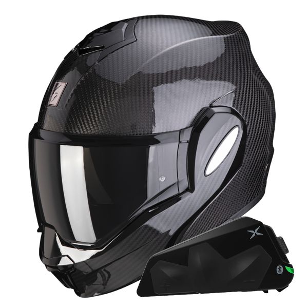 Casque Modulable Scorpion Exo Tech Evo Carbon Solid Black + Kit bluetooth Exo-Com Link-1C