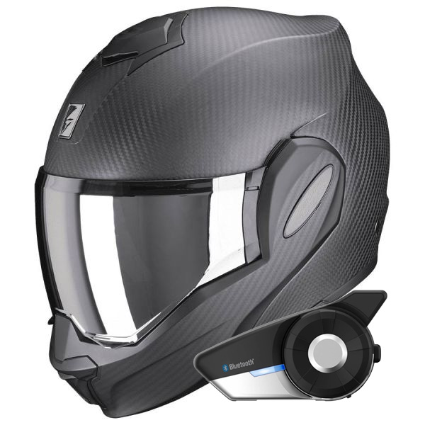 Casque Modulable Scorpion Exo Tech Evo Carbon Solid Matt Black + Kit Bluetooth 20S Evo