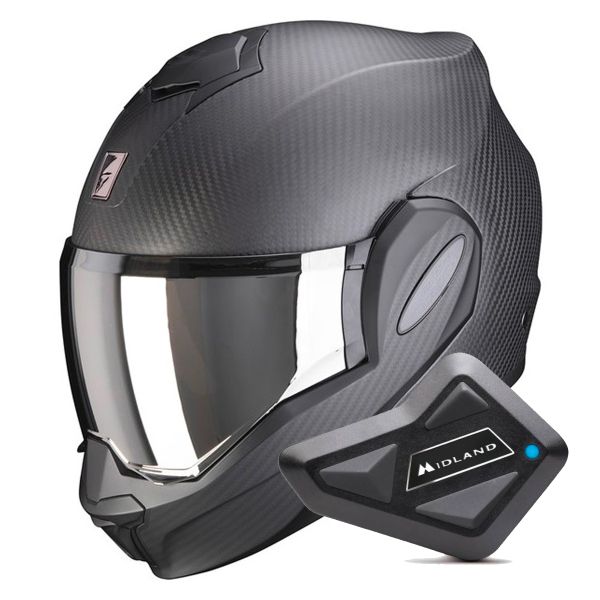 Casque Modulable Scorpion Exo Tech Evo Carbon Solid Matt Black + Kit Bluetooth BT Mini