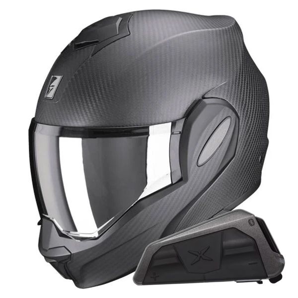 Casque Modulable Scorpion Exo Tech Evo Carbon Solid Matt Black + Kit bluetooth Exo-Com Link-1