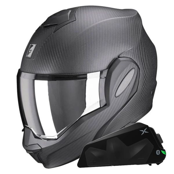 Casque Modulable Scorpion Exo Tech Evo Carbon Solid Matt Black + Kit bluetooth Exo-Com Link-1C
