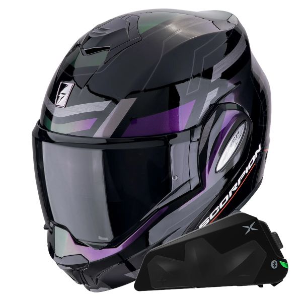 Casque Modulable Scorpion Exo Tech Evo Conquer Black Chameleon + Kit bluetooth Exo-Com Link-1C